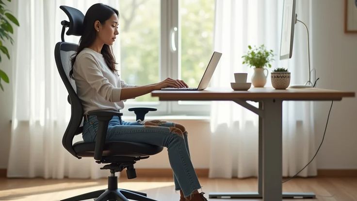 Illustration of an ergonomic desk with monitor at eye level and supportive chair